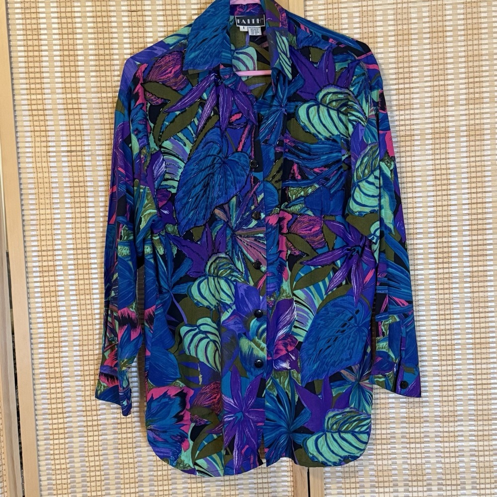 FAITH Womens S Button Up Shirt Floral Tropical‎ Sequence Boho Resort Y2K 80's